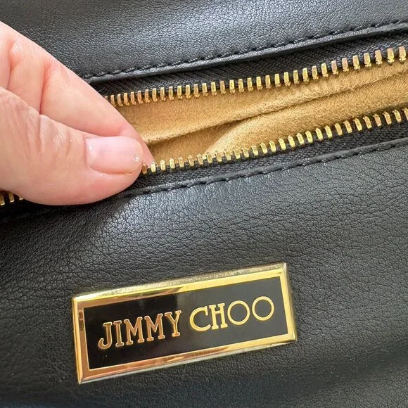 Jimmy Choo Black Leather Mave Foldover Clutch Carry Bag Authentic - Picture 10 of 17